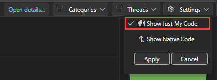 Screenshot that shows the Show Just My Code option.