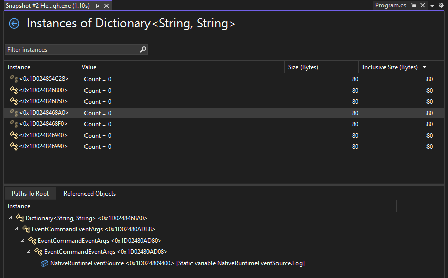 Screenshot of the Instances view in the Memory Usage tool.