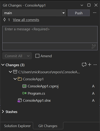 Screenshot that shows the Git Changes window in Visual Studio.