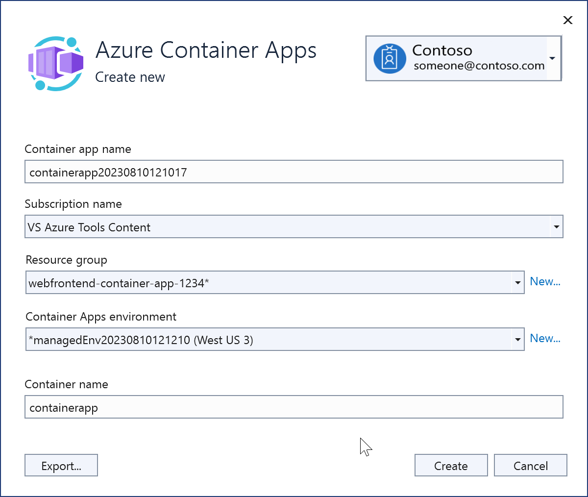 Screenshot showing creating a new Azure Container Apps instance.