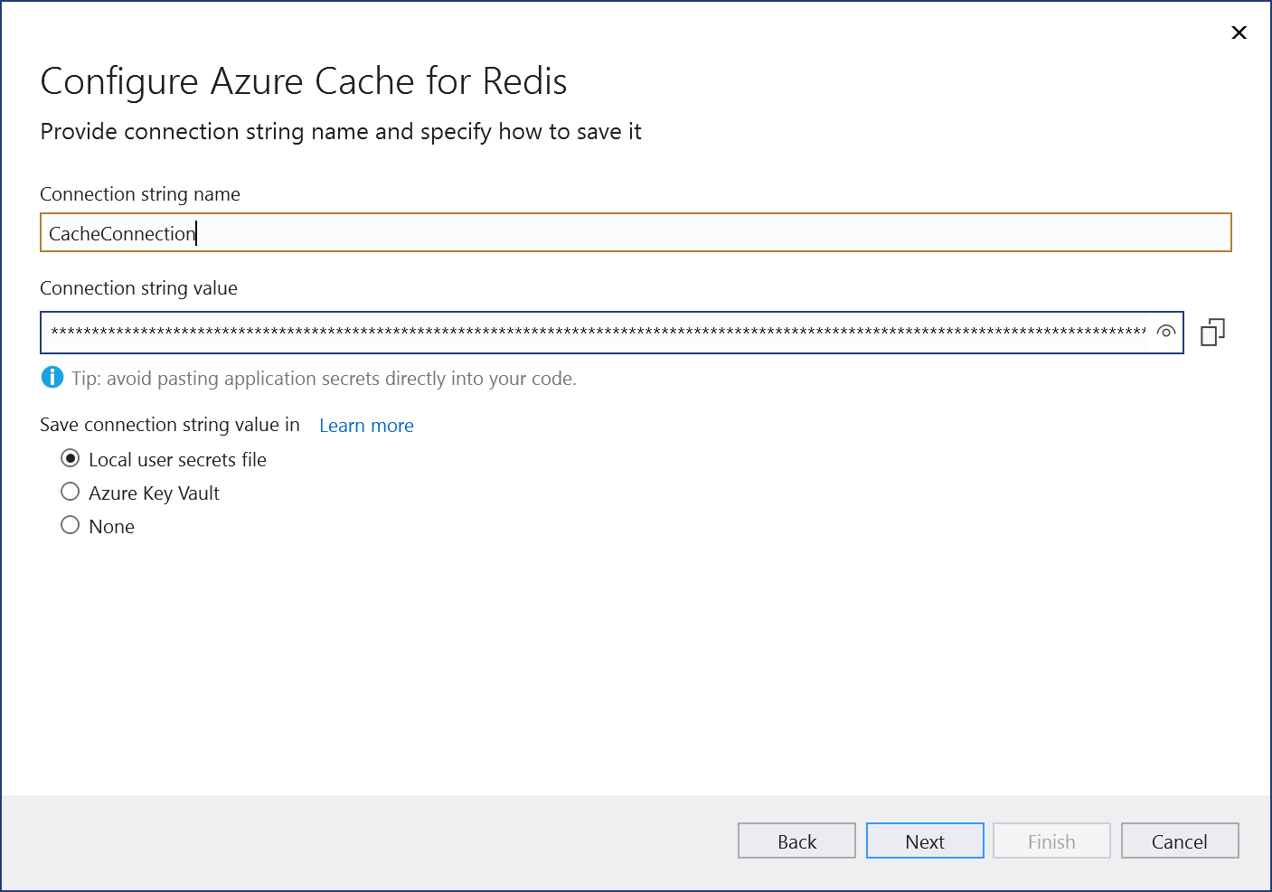 Screenshot of the Azure Cache for Redis connection information page. Next is highlighted.