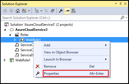 Solution Explorer Azure role context menu