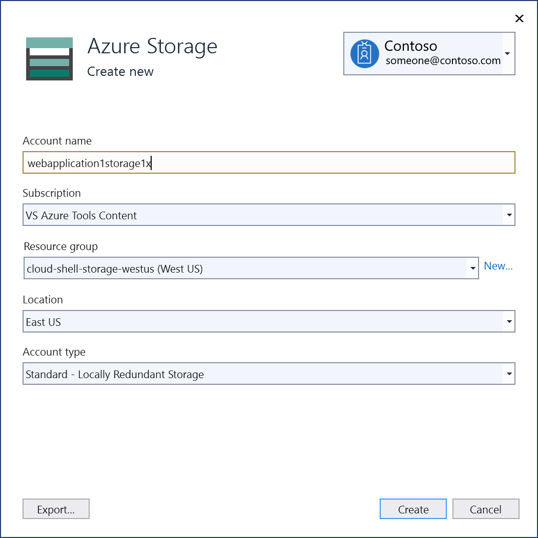 Screenshot showing "New Azure storage account" screen.
