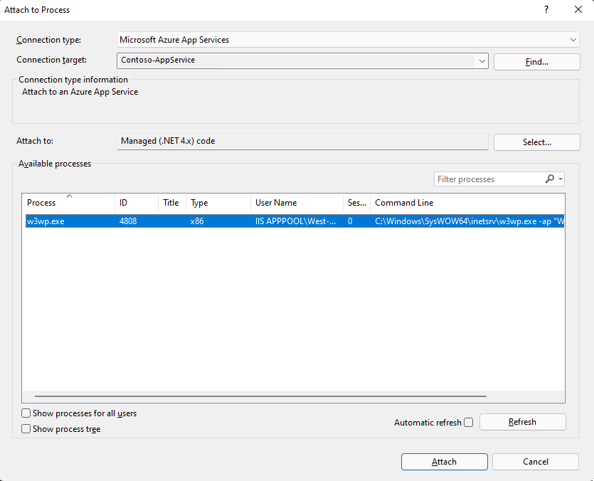 Screenshot of the Attach to Process Window, showing the processes running on the selected App Service.