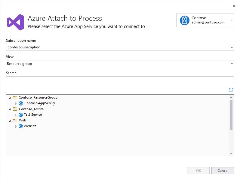 Screenshot of Select Azure App Service Dialog, showing a list of App Services to select.