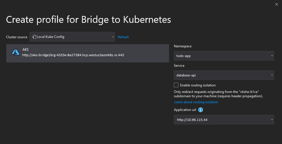 Screenshot shows the Create profile for Bridge to Kubernetes dialog box with the values entered.