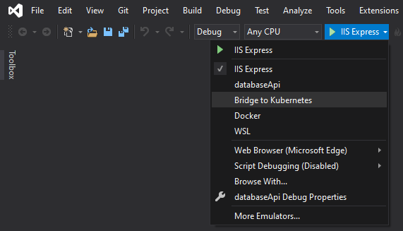 Screenshot shows debugging tools with Bridge to Kubernetes selected.