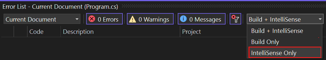 Error List source filter in Visual Studio