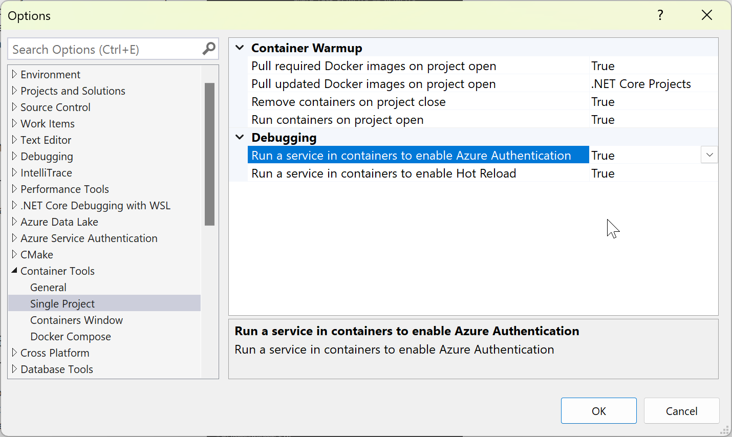 Visual Studio Container Tools options, showing: Kill containers on project close, Pull required Docker images on project open, Run containers on project open, Run a service in containers to enable Azure Authentication, and Run a service in containers to enable Hot Reload.