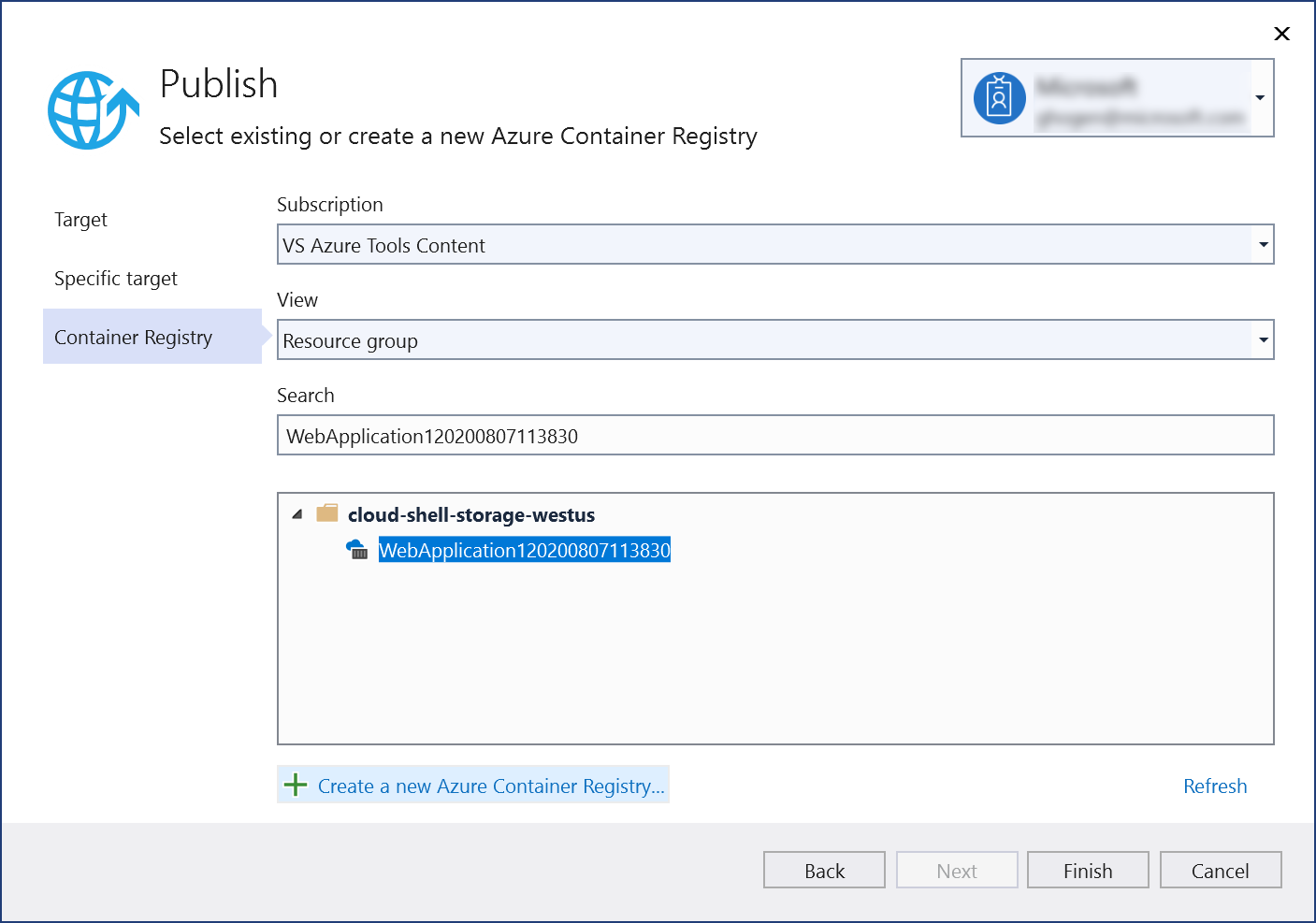 Screenshot of Publish dialog showing Azure Container Registry created.