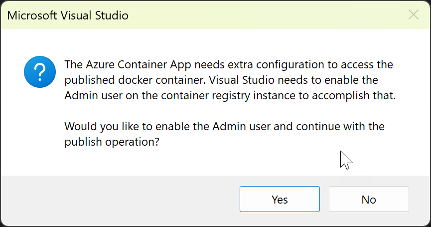Screenshot asking for permissions to add the Admin user to the container instance.