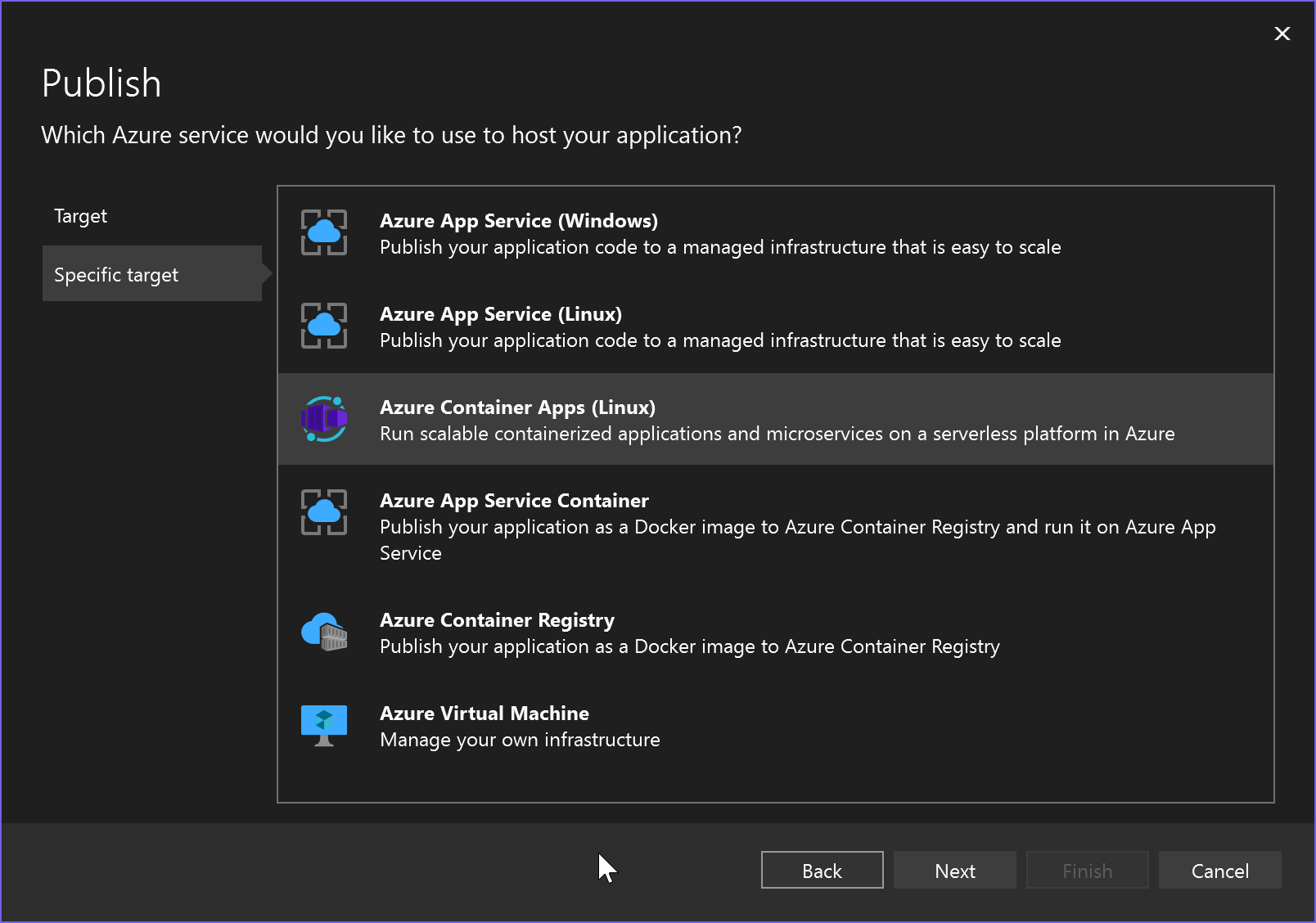 Screenshot of Publish screen with Azure Container Apps (Linux) selected.