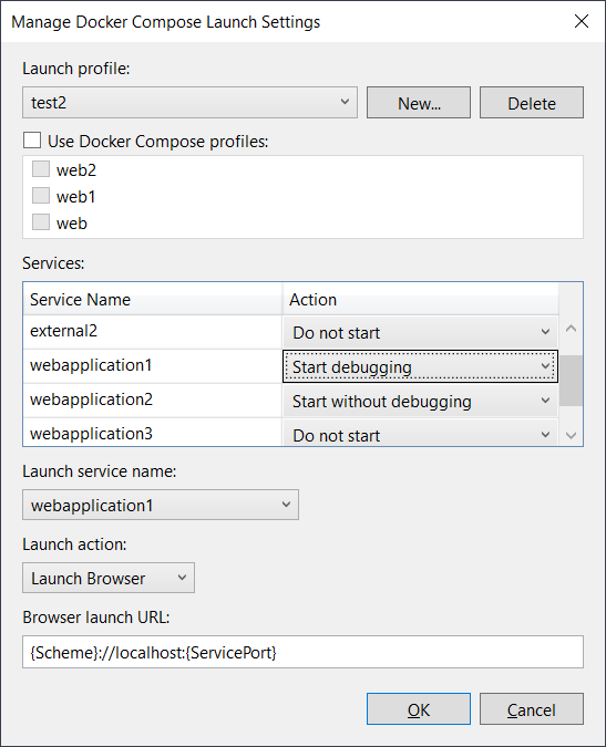 Screenshot of launch settings dialog with some services deselected
