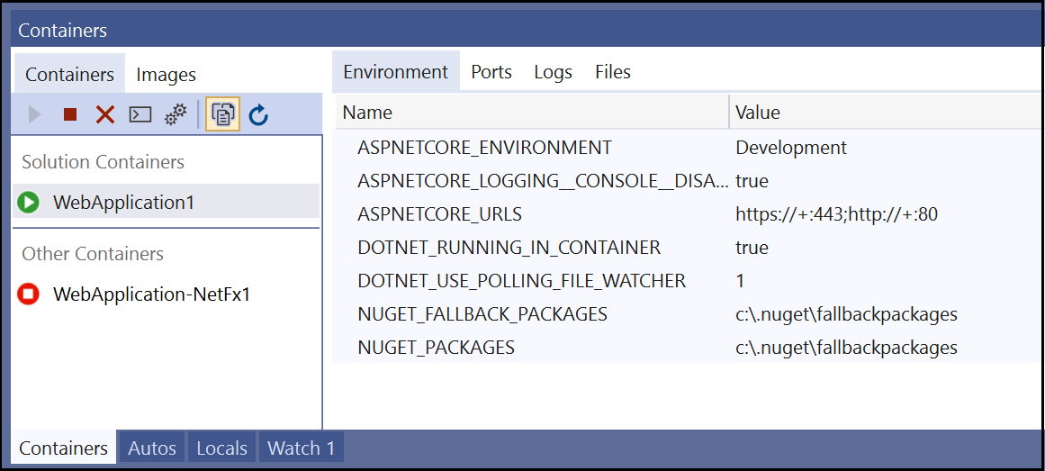 Screenshot of Containers window.