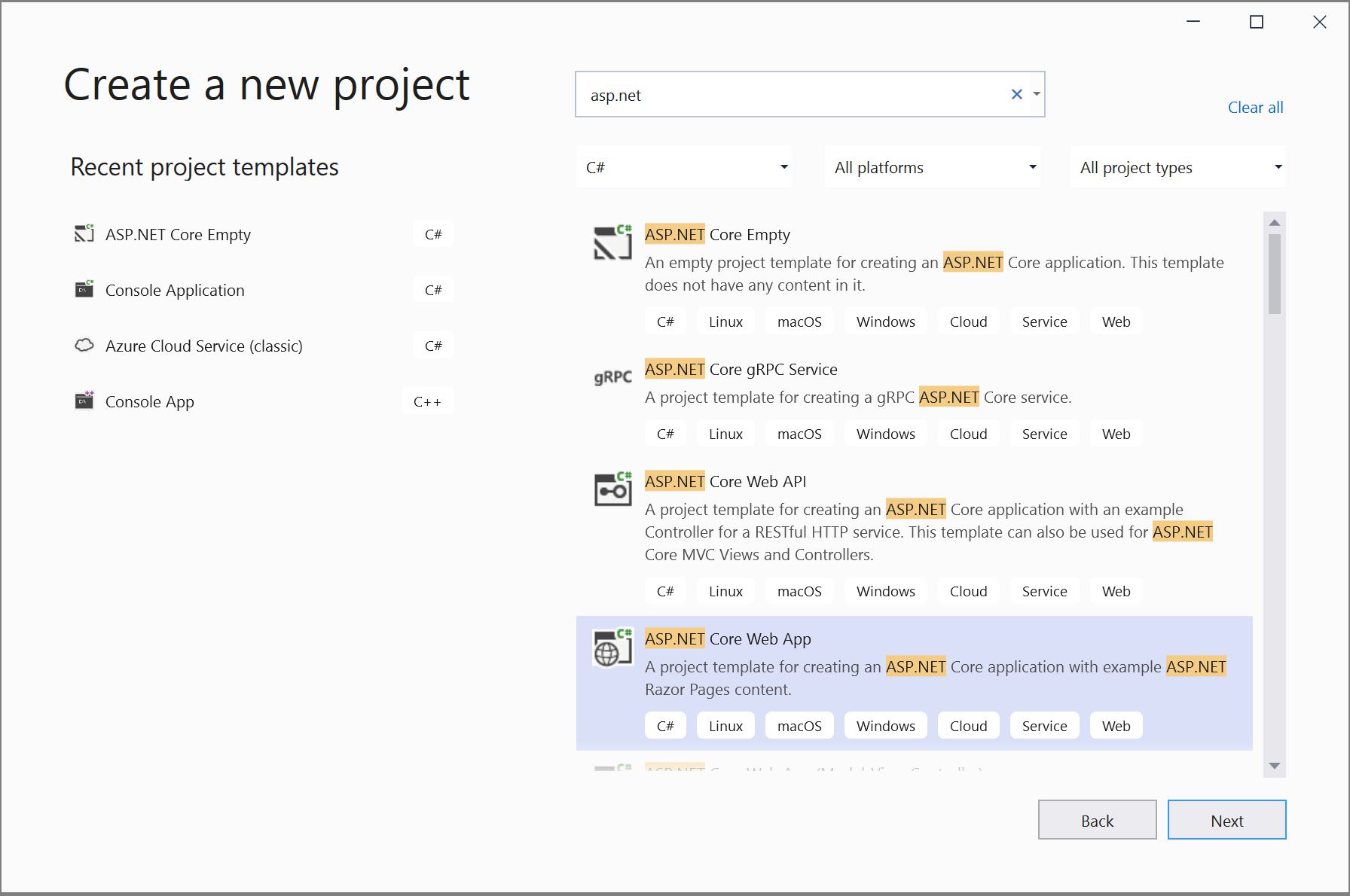 Screenshot showing Create ASP.NET Core Web App project.
