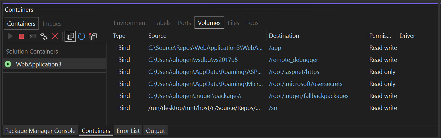 Screenshot of Volumes tab in Containers window.