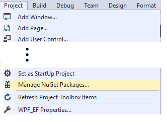 Manage NuGet Packages menu item