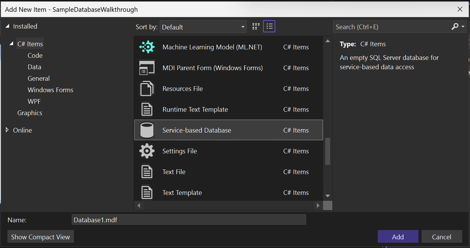 Screenshot that shows the Add New Item dialog.
