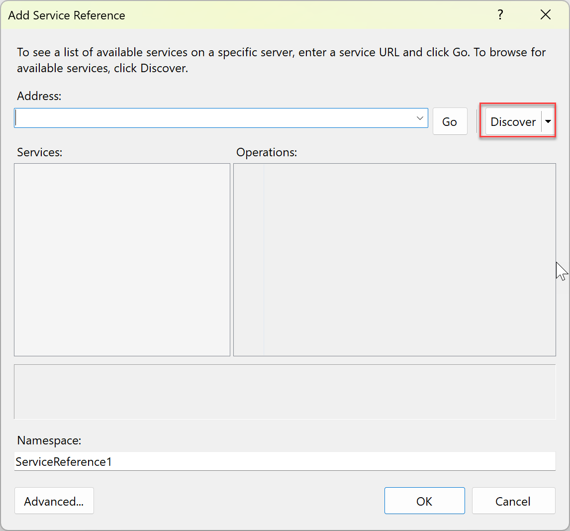 Screenshot showing the Add Service Reference dialog box.