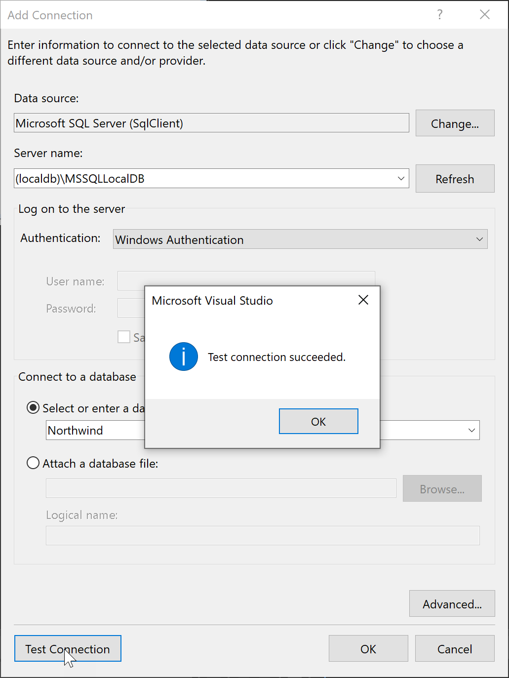 Connect to database or open MDF file (ADO.NET) - Visual Studio (Windows) |  Microsoft Learn