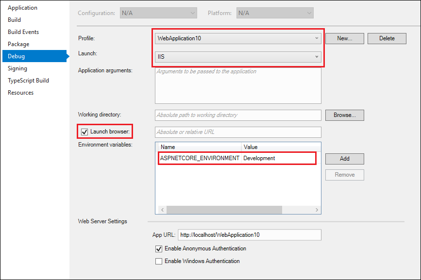 ASP.NET Core debugger settings