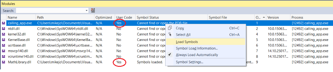View symbol information in the Modules window