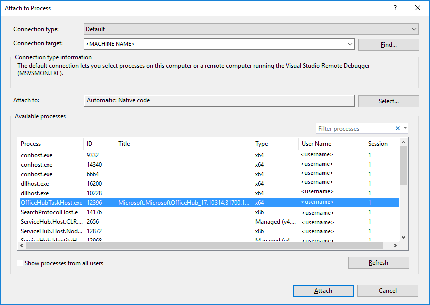 Screenshot of the Attach to Process dialog box, with the connection target set to the local machine name.