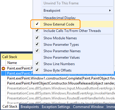 Display external code using the Call Stack window