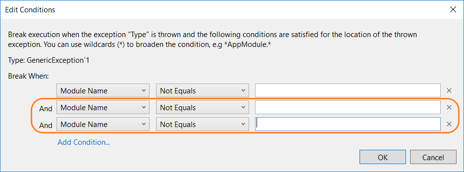 Screenshot of extra conditions for an exception.