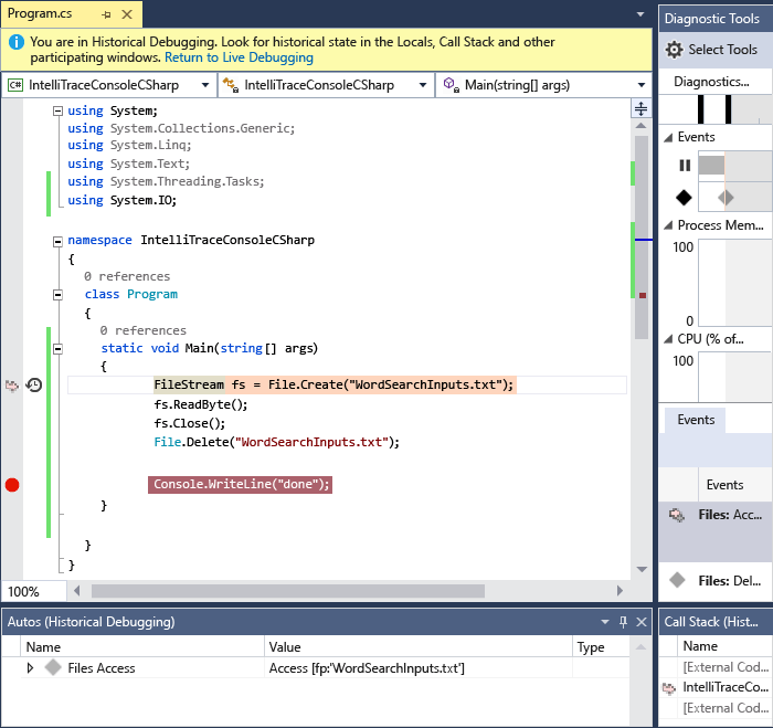 Screenshot of the Visual Studio code window. Execution is stopped at a breakpoint, an event is selected, and the corresponding code line is highlighted.