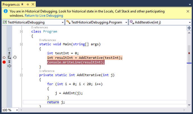 code window in historical debugging mode