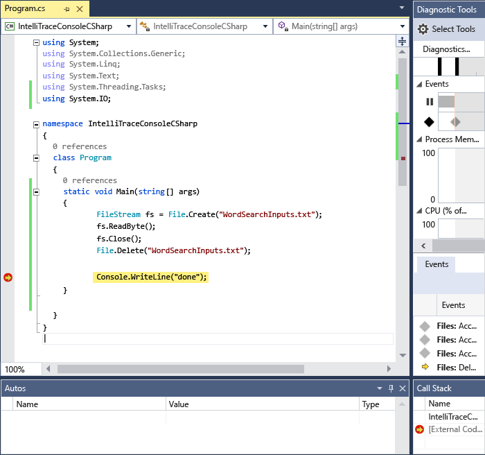 Screenshot of the Visual Studio code window. Execution is stopped at a breakpoint and the Events tab in the Diagnostic Tools window lists events.