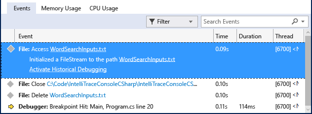 Screenshot of the Events tab in the Visual Studio Diagnostic Tools window. An event is selected and expanded to show it's details.