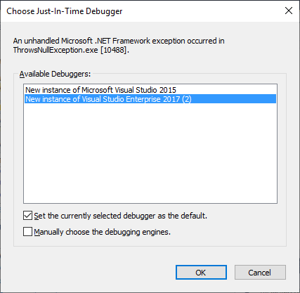 Screenshot of the Choose Just-In-Time Debugger dialog box, which appears after the exception appears in the ThrowsNullException.exe console window.