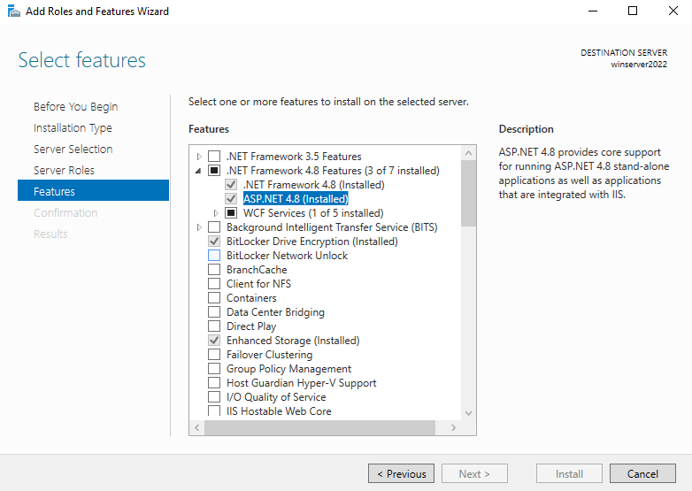 Screenshot of IIS Add roles and features for IIS: ASP.NET 4.8 selected.