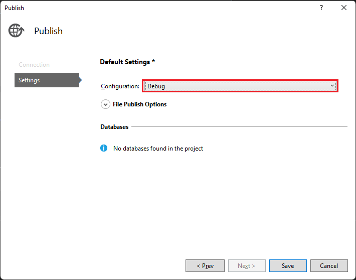 Screenshot of the Settings tab in the Publish dialog box. Configuration is set to Debug and the Publish button is selected.
