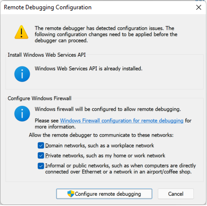 Screenshot of remote debugger configuration.