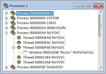 Screenshot of the Processes view with process and thread nodes expanded.