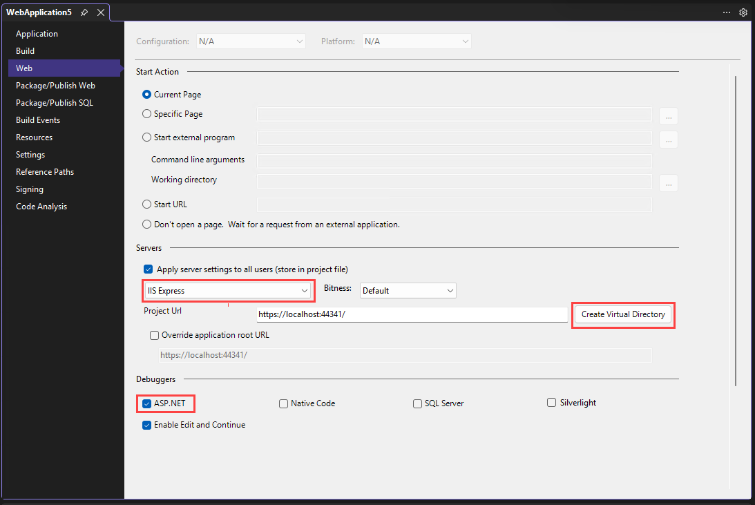 Screenshot that shows ASP.NET debugger settings.