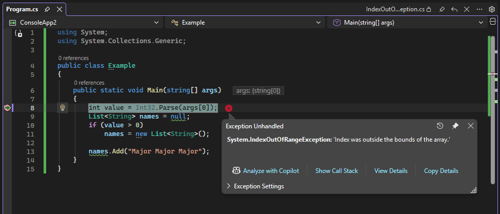 Screenshot of Ask Copilot button in an exception.