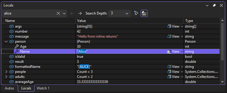 Screenshot that shows a search in the Locals window.