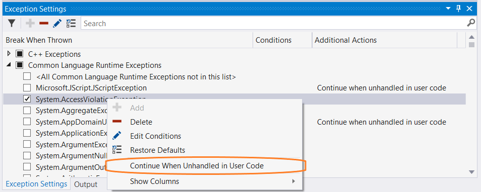 Screenshot of Continue when unhandled in user code setting.