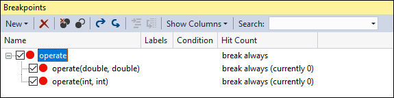 Screenshot that shows breakpoints window.