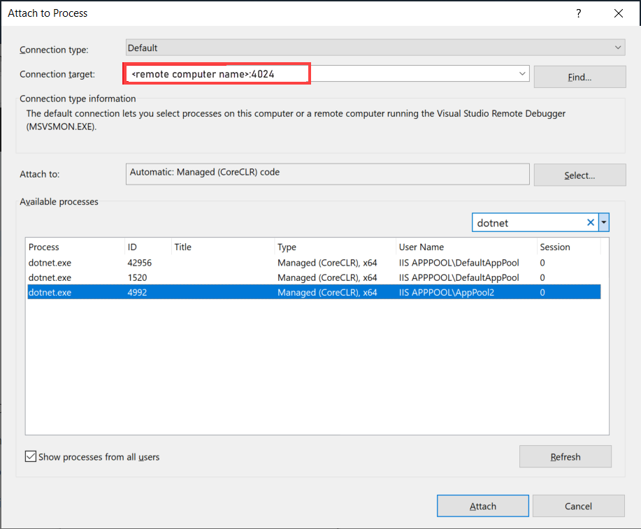 Remote Debug ASP.NET Core on a Remote IIS Computer - Visual Studio  (Windows) | Microsoft Learn