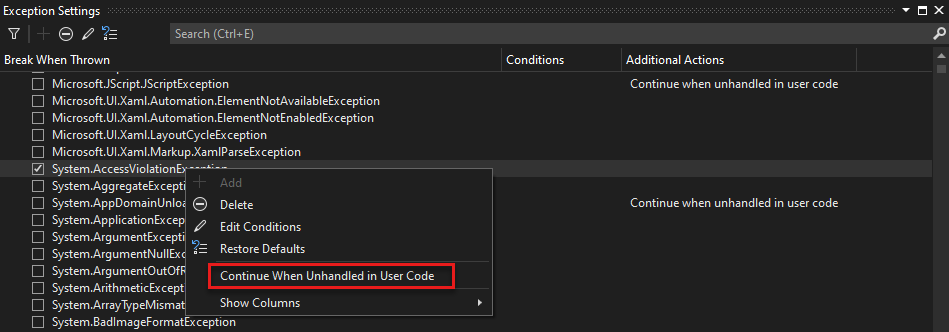 The New Exception Settings Window in Visual Studio 2015 - Azure