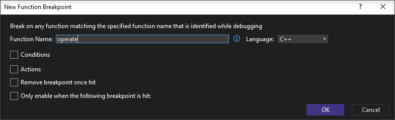 Screenshot that shows the New Function Breakpoint dialog.