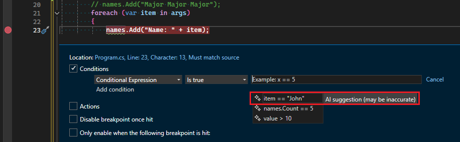 Screenshot of Copilot suggestion for conditional breakpoint.