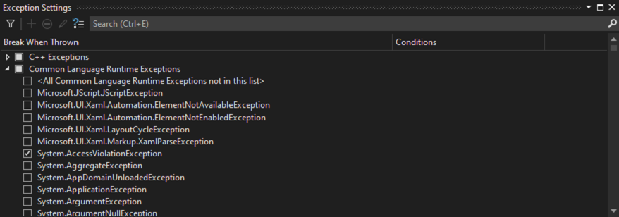 Screenshot of Exception Settings check box.