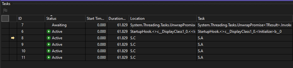 Screenshot of Four running tasks in Tasks window.