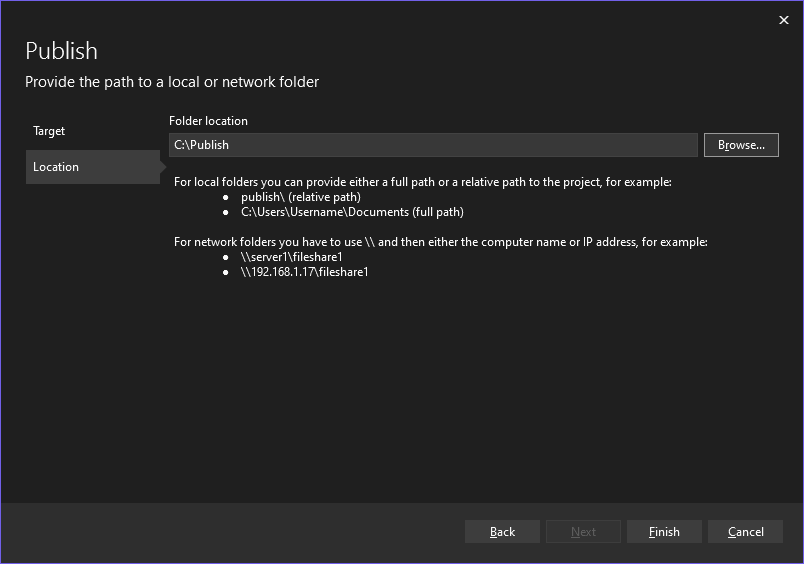 Screenshot of the Pick a publish target dialog in Visual Studio with the Folder `C:\Publish' selected as the publish target.